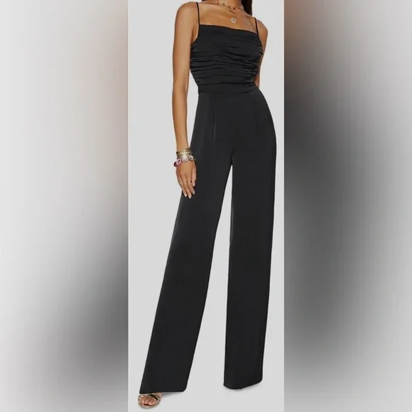 Ramy Brook Black Satin Ezra Jumpsuit size 8 wide leg designer classic piece - Picture 2 of 12